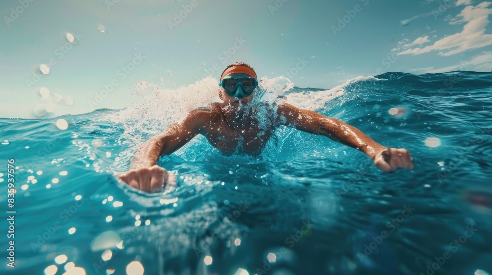 A person swimming in the ocean on a sunny day with blue water and white clouds A person swimming in the ocean on a sunny day with blue water and white clouds