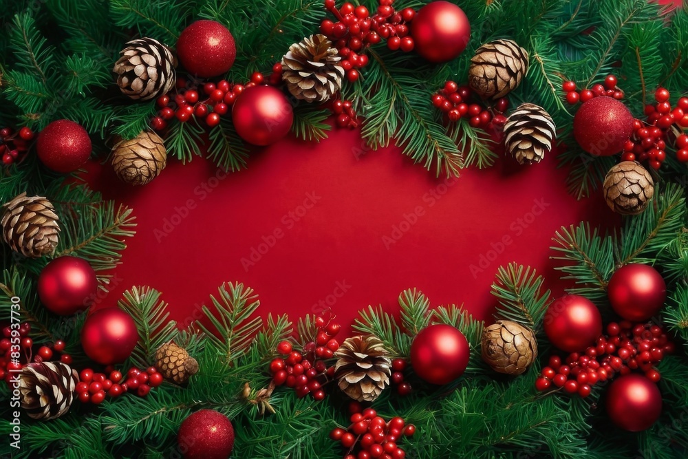 Christmas Evergreen Branches With Red Ornaments and Pine Cones on Red Background