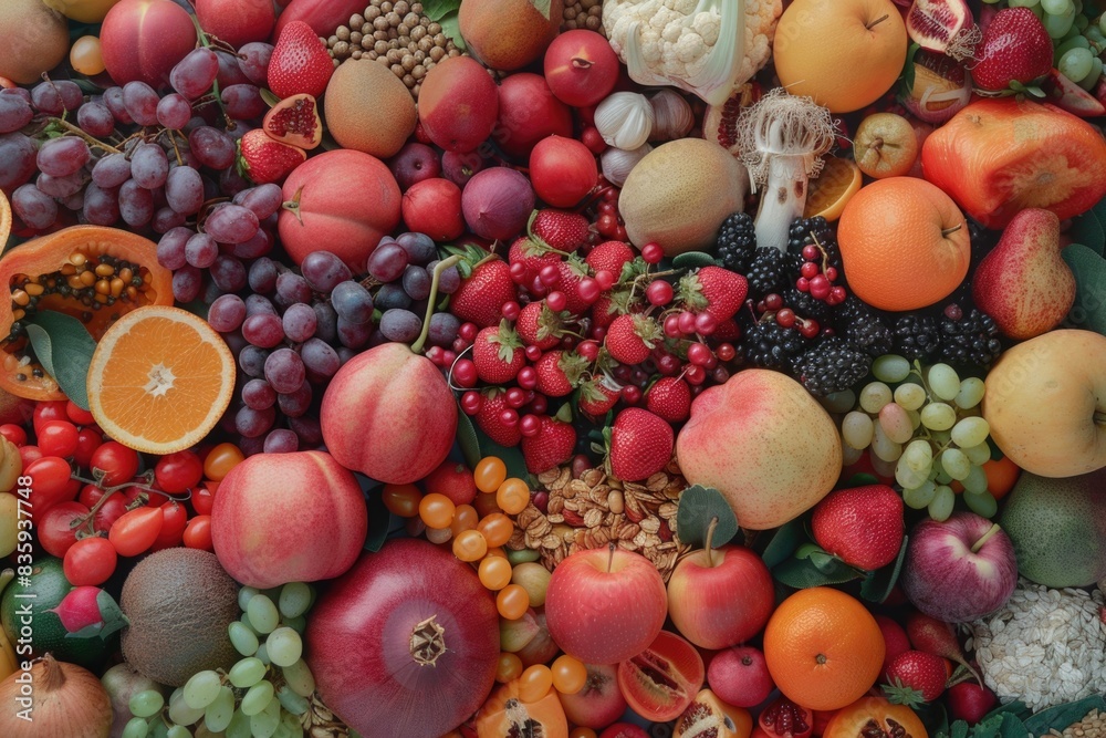 A colorful mix of fruits and vegetables arranged on a surface A colorful mix of fruits and vegetables arranged on a surface