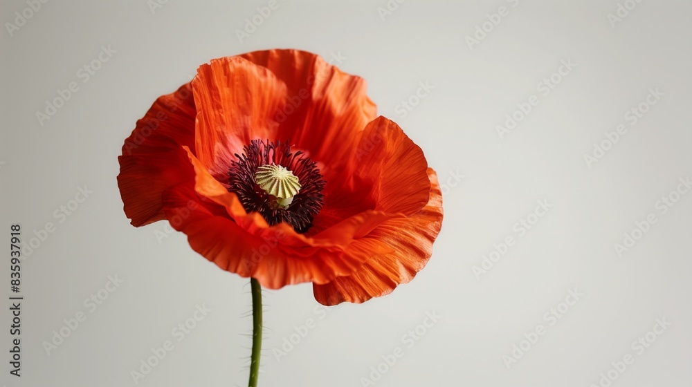 Fototapeta premium Bright red poppy flower standing in a vase against a white background