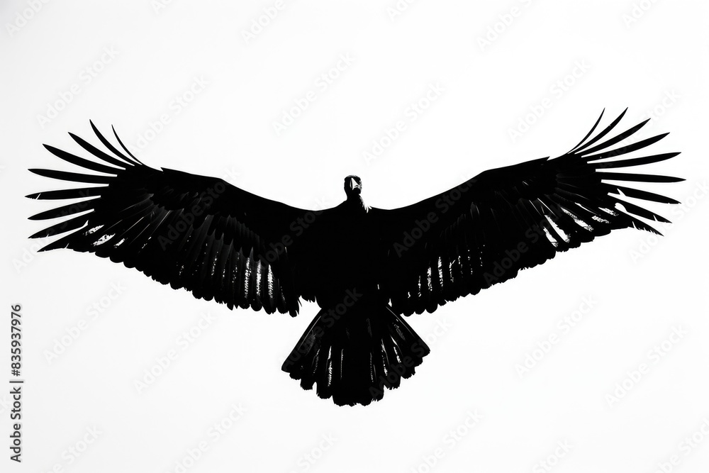 Obraz premium A large black bird spreads its wings and takes flight against a clear blue sky