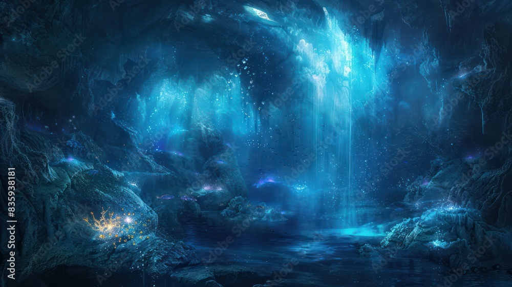 The underwater cave is dark with little light The underwater cave is dark with little light