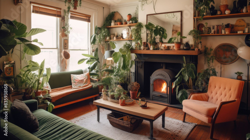 Living room with a fireplace and houseplants © Rabil