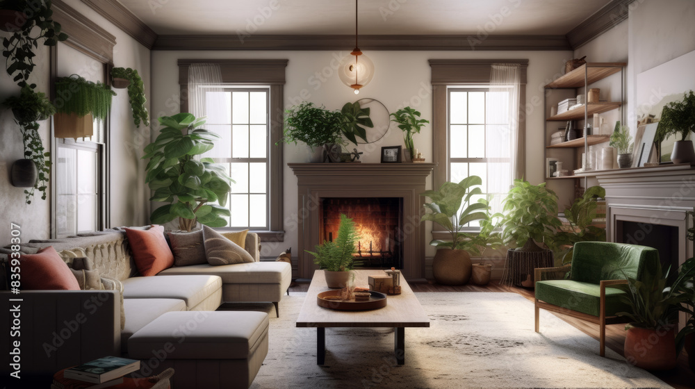 Fototapeta premium Living room with a fireplace and houseplants