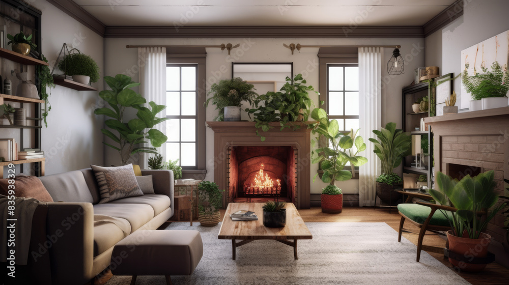 Living room with a fireplace and houseplants