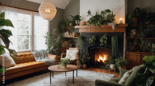 Living room with a fireplace and houseplants