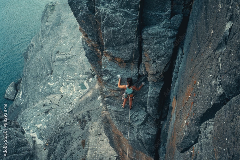 Man climbing up rocky cliff face, great outdoor adventure scene Man climbing up rocky cliff face, great outdoor adventure scene