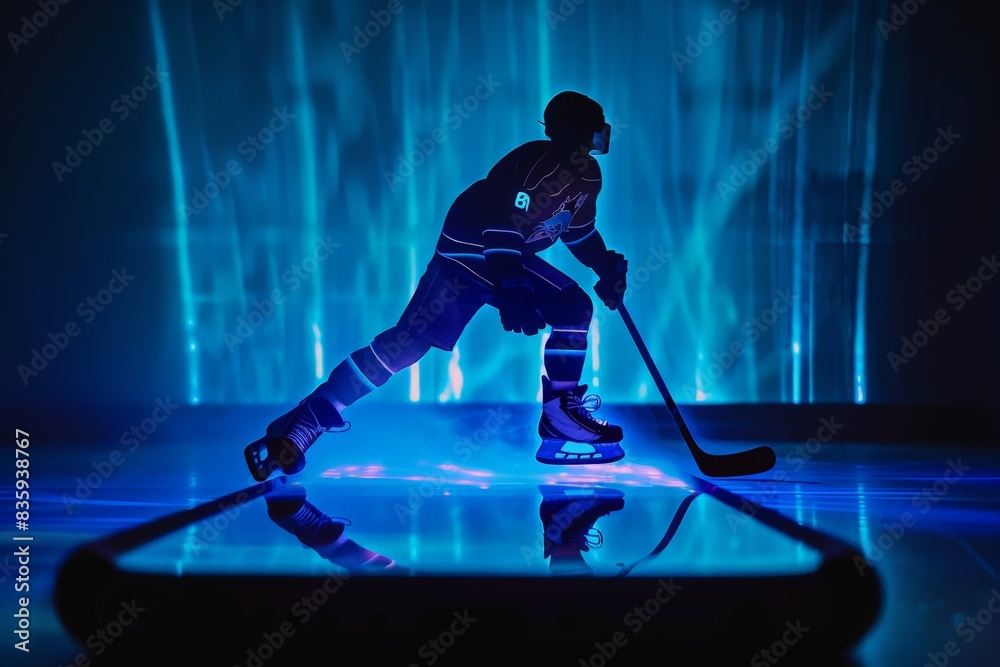 Sports broadcast online, silhouette of a hologram of a hockey player over a smartphone. The concept of sports, speed, rates