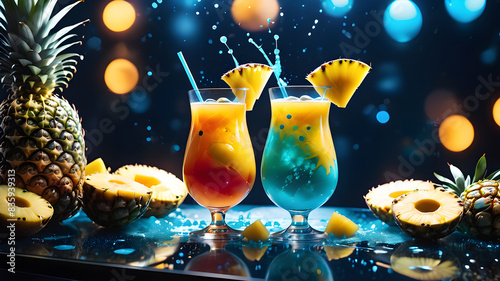 Wallpaper Mural delicious pineapple mango cocktail drink glass table abstract bokeh background blue lights Torontodigital.ca