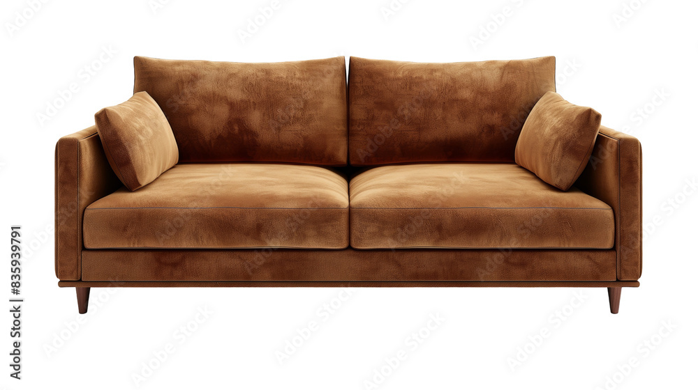 Modern Brown Sofa Front View Cozy Living Space White Isolated on Transparent or White Background, PNG Modern Brown Sofa Front View Cozy Living Space White Isolated on Transparent or White Background, PNG