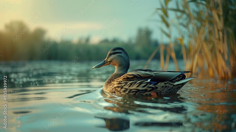 Obraz premium A duck swimming on the surface of calm water, with reflections visible