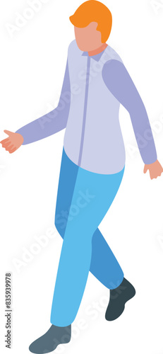 Isometric vector illustration of a casual man walking in a modern flat style. The artistic movement is depicted with colorful and minimalistic elements, creating a trendy and modern lifestyle image