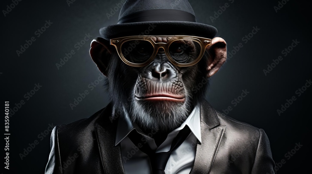 A sophisticated chimpanzee wearing a black hat and sunglasses, A sophisticated chimpanzee wearing a black hat and sunglasses,