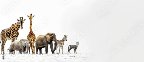 Group of wild animals including giraffes, elephants, and others in a white background, representing wildlife diversity and unity.