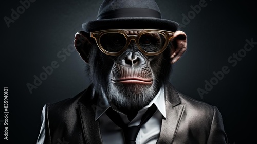 A sophisticated chimpanzee wearing a black hat and sunglasses, photo