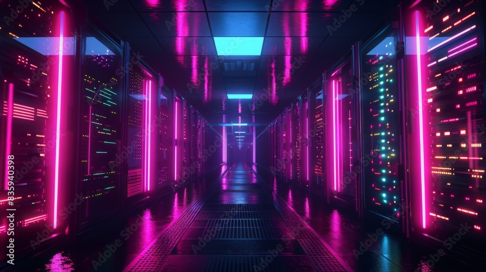 A 3D render of a computer data center at night 