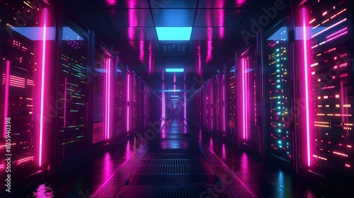 A 3D render of a computer data center at night 