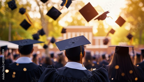 university graduation ceremony and caps in the air, back view 