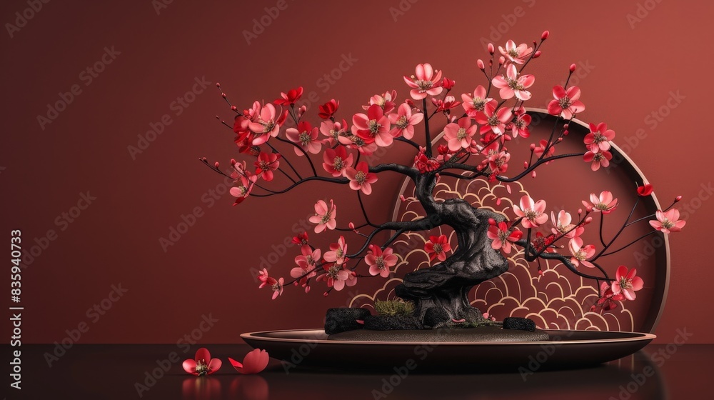 Obraz premium A cherry blossom flower and bonsai logo design in Asian style with Chinese elements icons