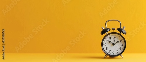 Vintage alarm clock on a bright yellow background, isolated, showing concept of time, punctuality, and morning routine with a minimalist style. photo