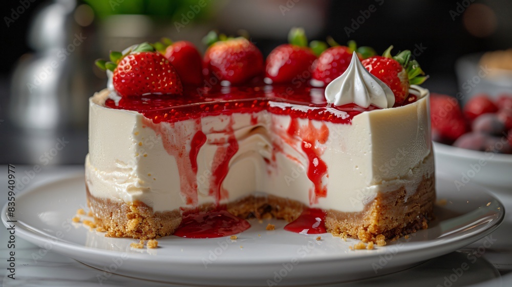 Delectable strawberry cheesecake with fresh berries and drizzled syrup on a white plate, showcasing detailed layers and sweet dessert texture