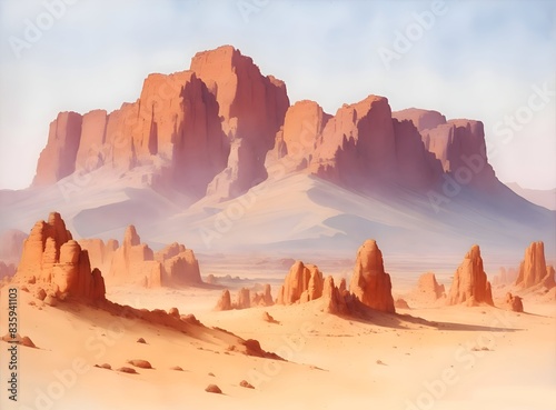 Tibesti Mountains Chad Country Landscape Watercolor Illustration Art
 photo