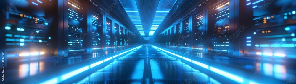Futuristic data center with glowing blue lights and server racks. High-tech and advanced technology concept. Cybersecurity and cloud computing. Futuristic data center with glowing blue lights and server racks. High-tech and advanced technology concept. Cybersecurity and cloud computing.