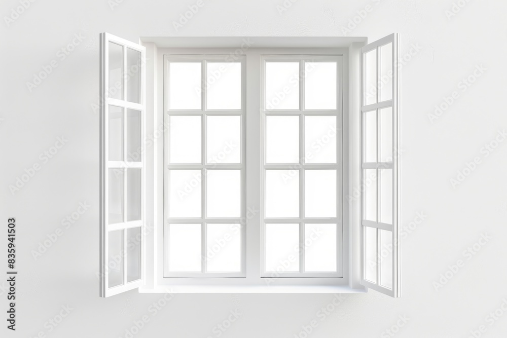 An open window with white shutters on a white wall, suitable for interior design or architecture photography