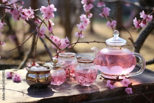 Tea in the Cherry Blossom Grove: Cherry blossom tea and Japanese confections in a blossoming grove. photo