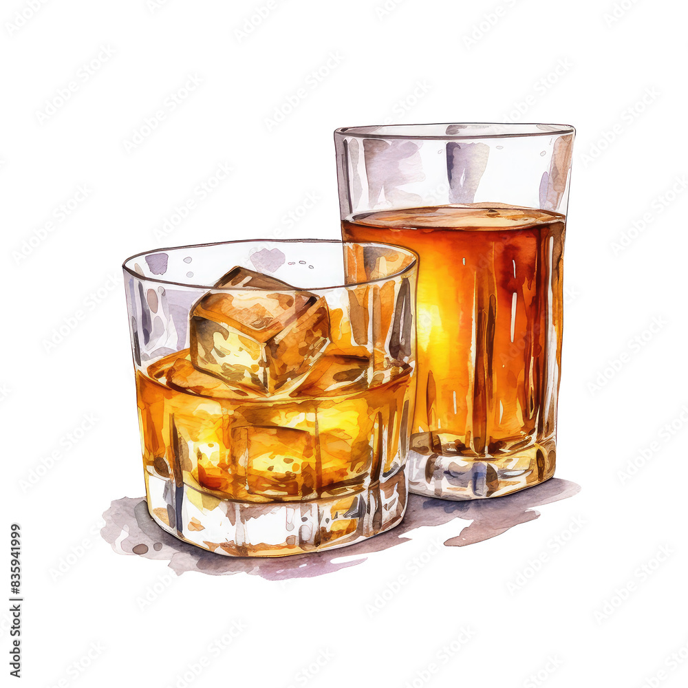 Watercolour Illustration of Whiskey in a Whiskey Glass with Ice Cubes Watercolour Illustration of Whiskey in a Whiskey Glass with Ice Cubes