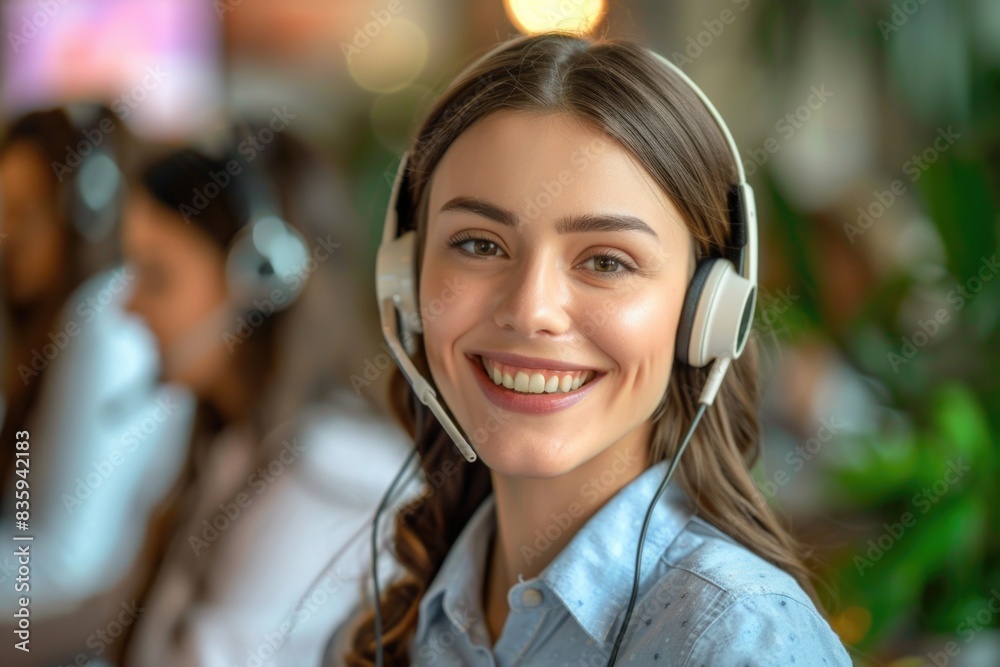 A happy woman wearing a headset smiles directly at the camera, conveying a sense of confidence and friendliness A happy woman wearing a headset smiles directly at the camera, conveying a sense of confidence and friendliness