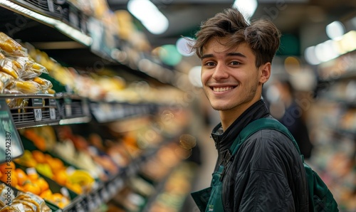 Smiling young male supermarket worker looking at the camera inside the grocery store, Generative AI 