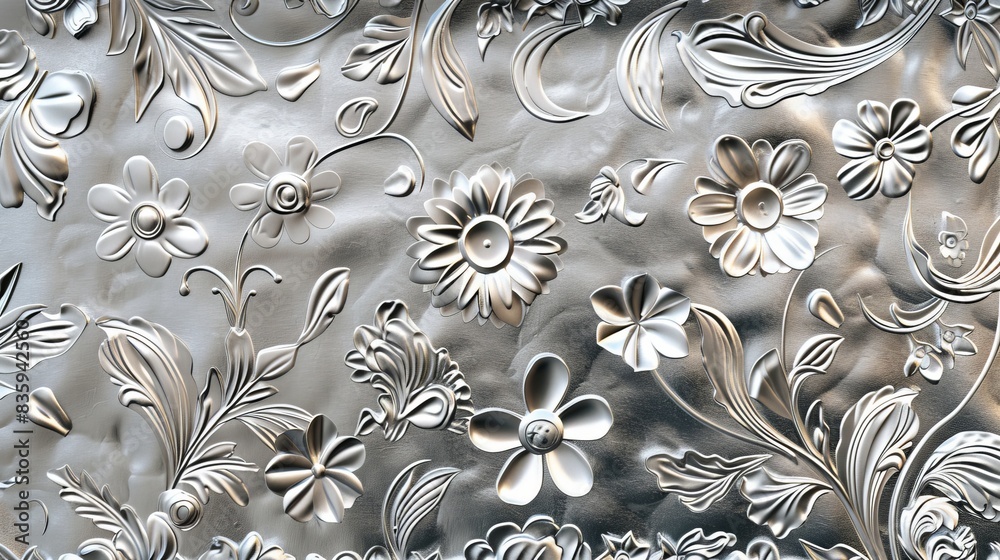 Silver texture with floral pattern in luxury style with Japanese icon and decoration elements Silver texture with floral pattern in luxury style with Japanese icon and decoration elements