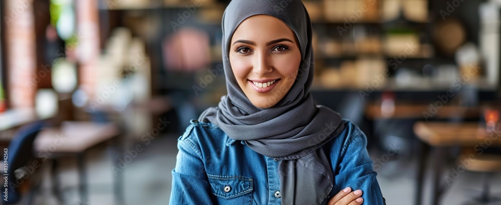 Portrait of young beautiful confident African American muslim business woman in hijab. Portrait of young beautiful confident African American muslim business woman in hijab.