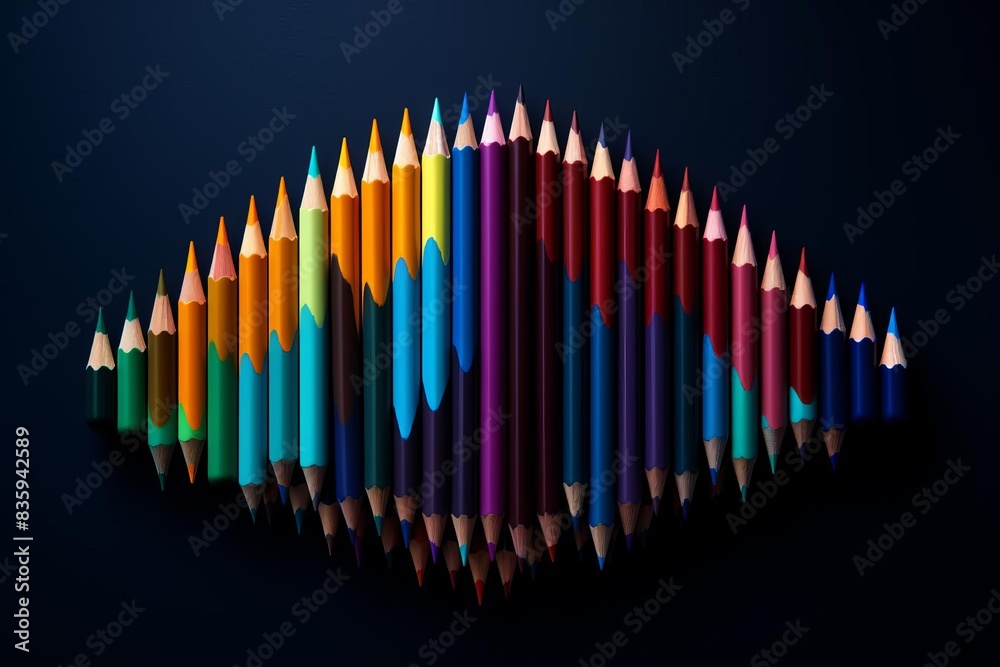 Obraz premium A detailed set of colorful pencils arranged on a dark background,