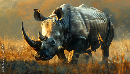 A White rhinoceros grazes in a grassland field with tall grass