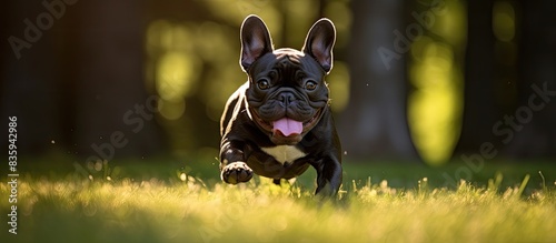 French Bulldog playing in the park. Creative banner. Copyspace image