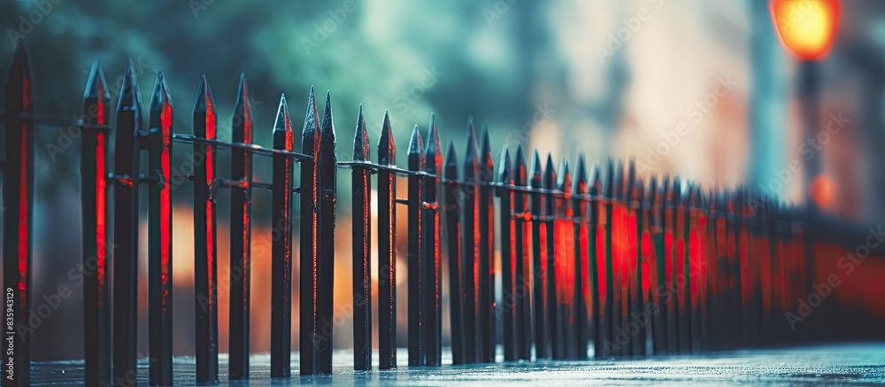 New fence made of painted metal rods with concrete posts The background is blurred. Creative banner. Copyspace image New fence made of painted metal rods with concrete posts The background is blurred. Creative banner. Copyspace image