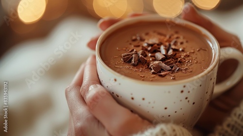 A person enjoying a rich and creamy cup of hot chocolate