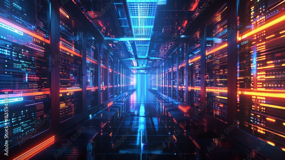 A futuristic data center, humming with the energy of a million transactions per second, illustrating the backbone of modern society powered by information technology A futuristic data center, humming with the energy of a million transactions per second, illustrating the backbone of modern society powered by information technology