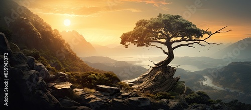 View on crooked tree on stony slope mountain ravine beneath sun behind tree. Creative banner. Copyspace image