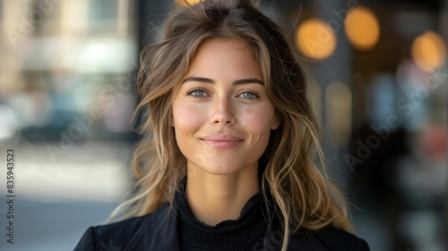 happy fashion business woman leader with a vision mindset and motivation for success portrait smile of a young entrepreneur or corporate professional face with bokeh and city street. stock image