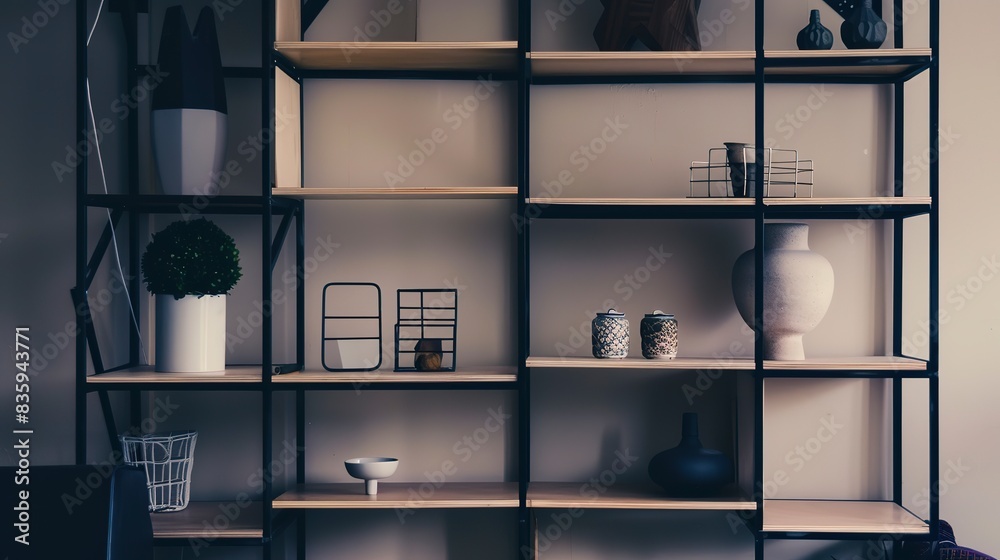 Close-up on a minimalist shelving unit, sparse decorations with clean, geometric shapes. Close-up on a minimalist shelving unit, sparse decorations with clean, geometric shapes.