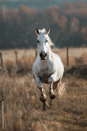 A horse runs freely in a lush green field with trees behind, suitable for rural or countryside themed images © Fotograf