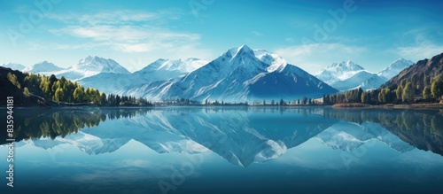Mountains reflecting in the water. Creative banner. Copyspace image