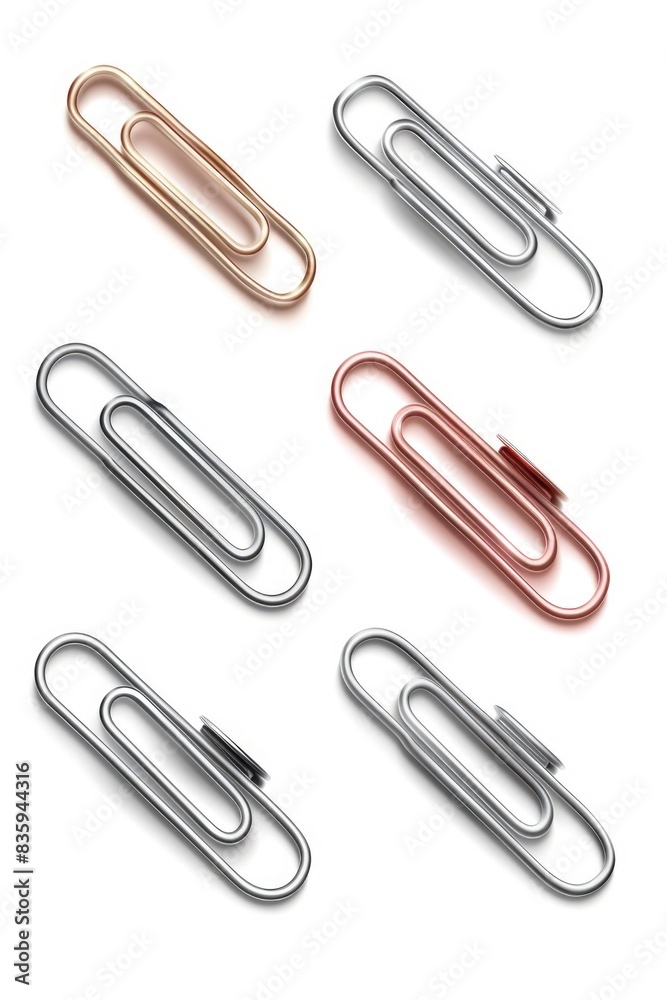 A set of five colorful paper clips arranged neatly on a white background, perfect for office or school use A set of five colorful paper clips arranged neatly on a white background, perfect for office or school use