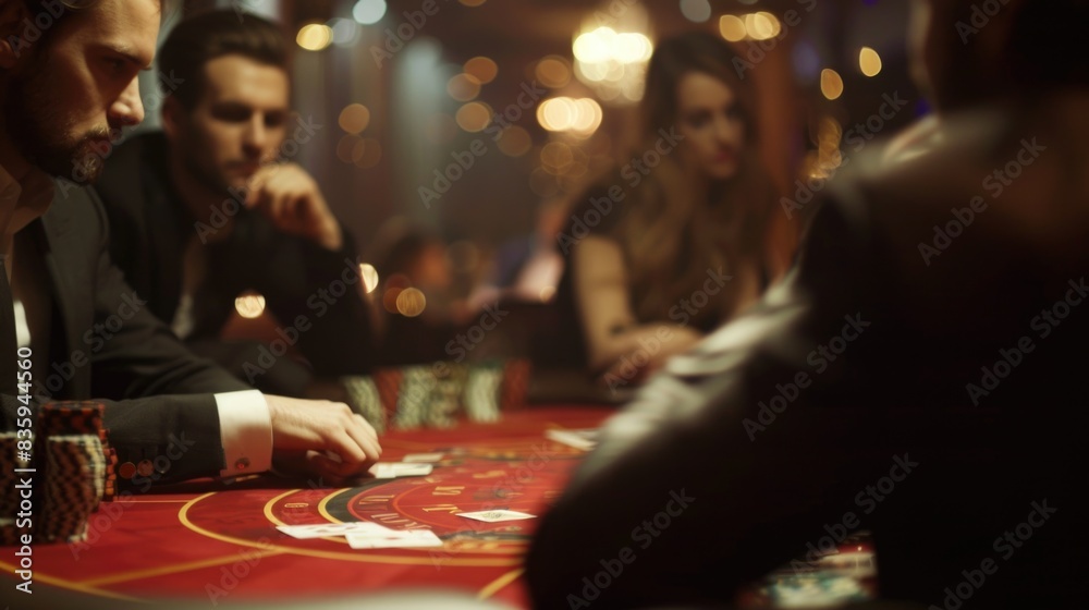 People sitting around a casino table, playing cards and having fun People sitting around a casino table, playing cards and having fun