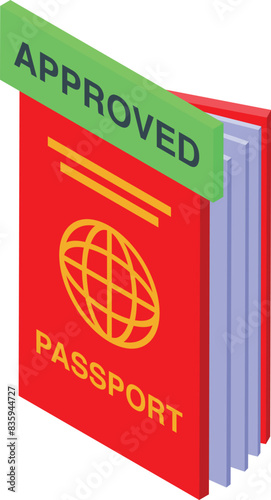 Colorful isometric vector illustration of approved passport stamp for travel document authorization. Official immigration identity. Featuring red and green approval seal for border control