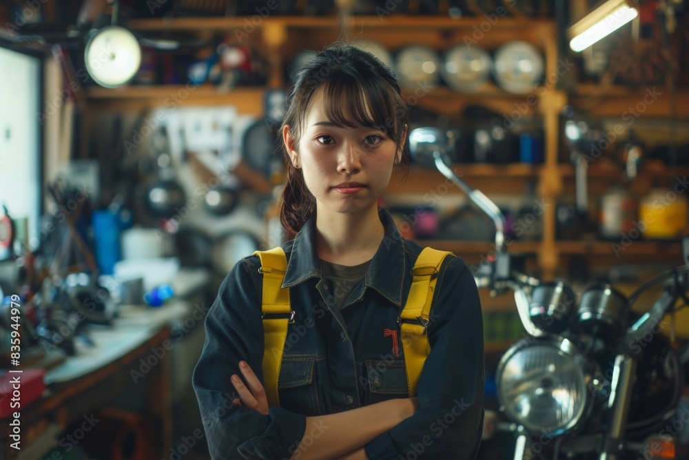 Fototapeta premium Mid adult female mechanic in her small business motorcycle garage 