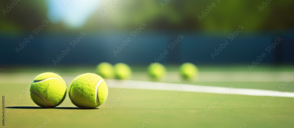 Green tennis balls on the floor at tennis court. Creative banner. Copyspace image